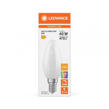 Ledvance E14 LED Kerzenlampe Classic dimmbar matt 4,2W wie 40W 2700K warmweißes Licht hohe Farbwiedergabe CRI97